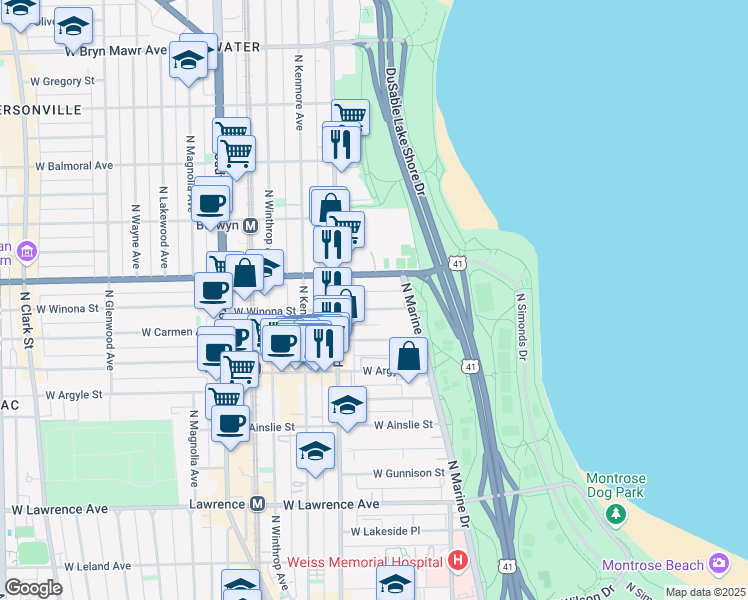 map of restaurants, bars, coffee shops, grocery stores, and more near 939 West Foster Avenue in Chicago