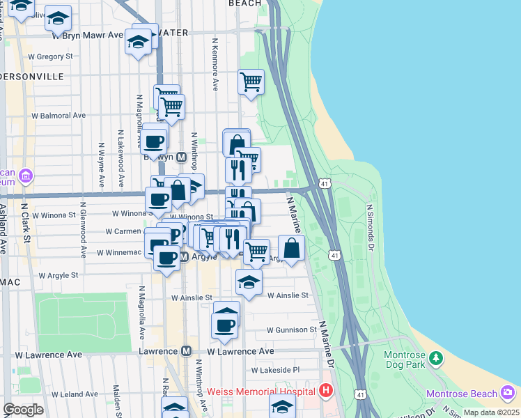 map of restaurants, bars, coffee shops, grocery stores, and more near 939 West Foster Avenue in Chicago