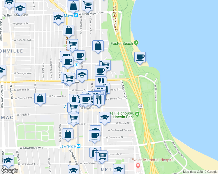 map of restaurants, bars, coffee shops, grocery stores, and more near 939 West Foster Avenue in Chicago