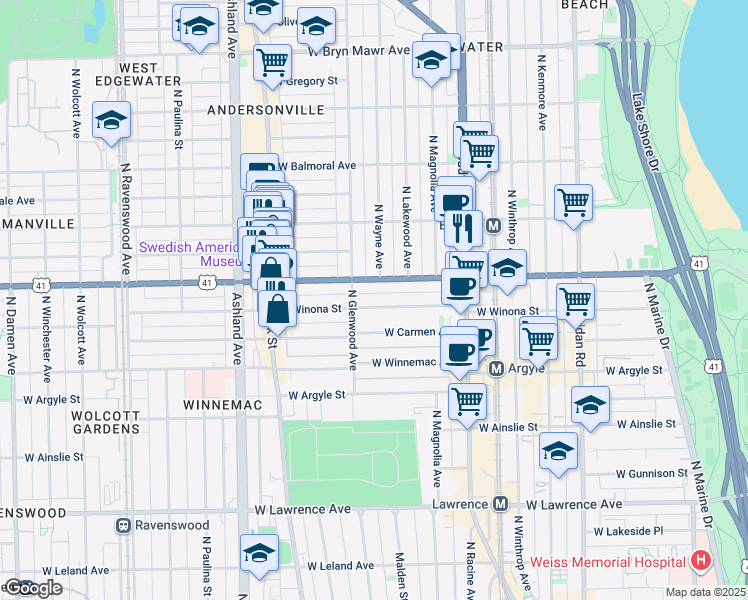 map of restaurants, bars, coffee shops, grocery stores, and more near 5145 North Glenwood Avenue in Chicago