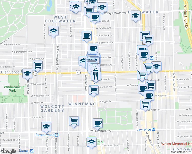 map of restaurants, bars, coffee shops, grocery stores, and more near 1473 West Foster Avenue in Chicago