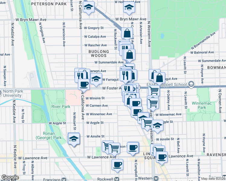 map of restaurants, bars, coffee shops, grocery stores, and more near 204 West Foster Avenue in Chicago