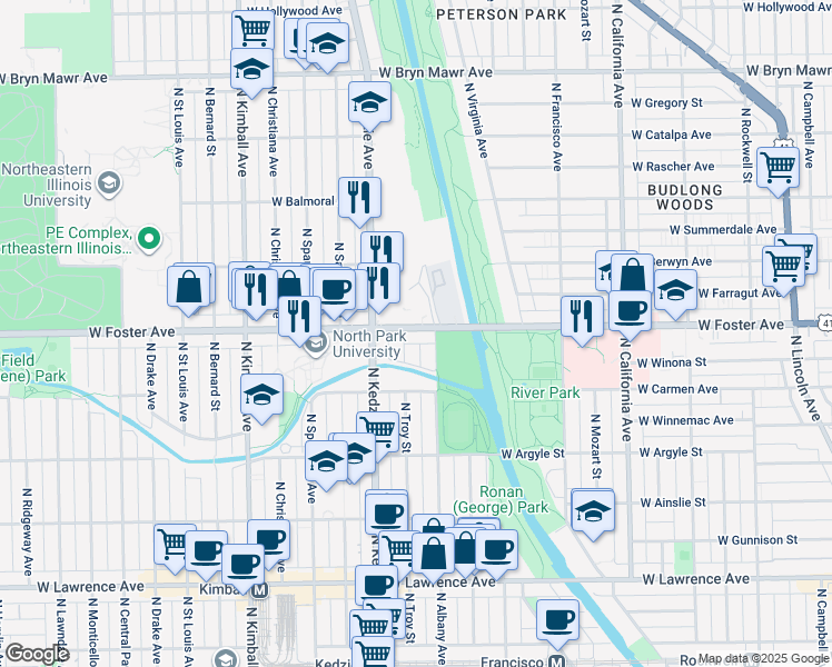 map of restaurants, bars, coffee shops, grocery stores, and more near 3112 West Foster Avenue in Chicago