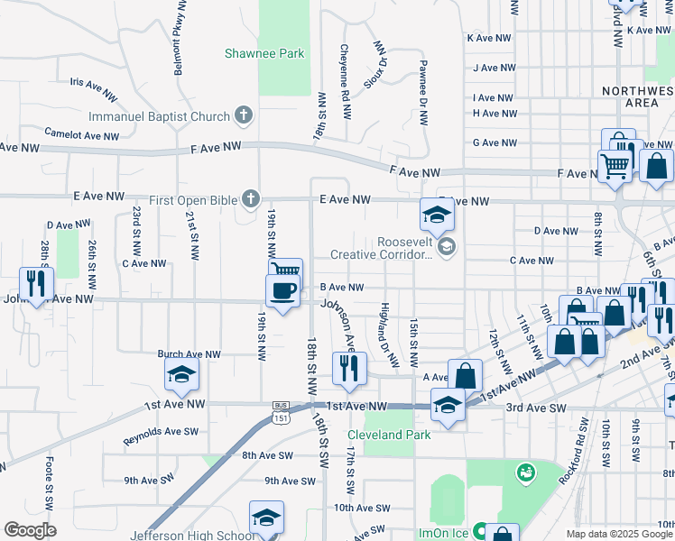 map of restaurants, bars, coffee shops, grocery stores, and more near 1703 C Avenue Northwest in Cedar Rapids