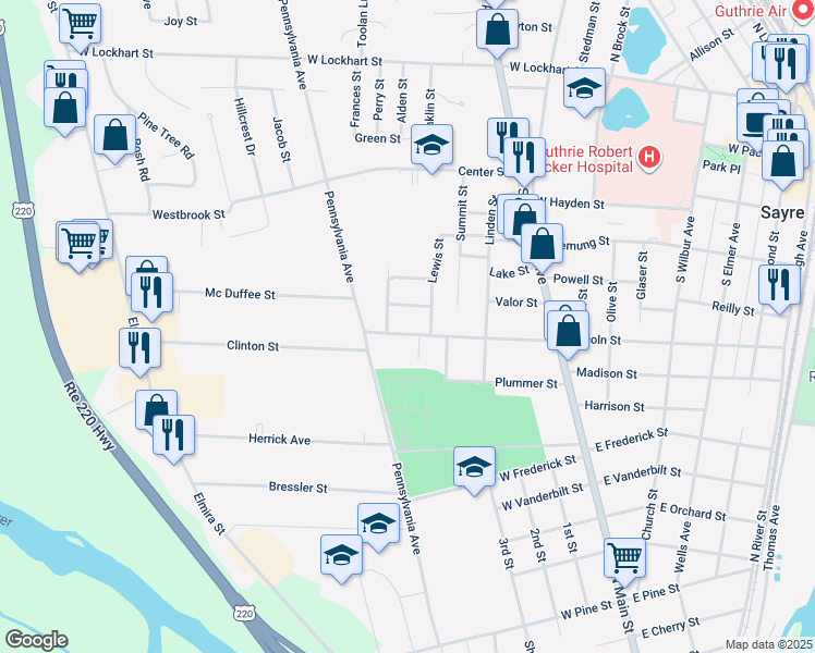 map of restaurants, bars, coffee shops, grocery stores, and more near 1-199 Winterwood Lane in Sayre
