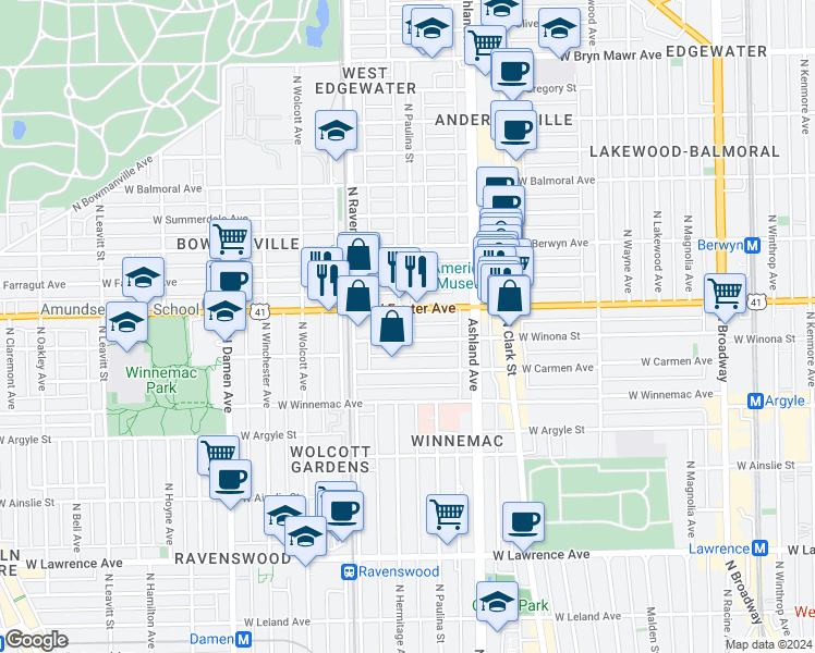 map of restaurants, bars, coffee shops, grocery stores, and more near 5142 North Paulina Street in Chicago