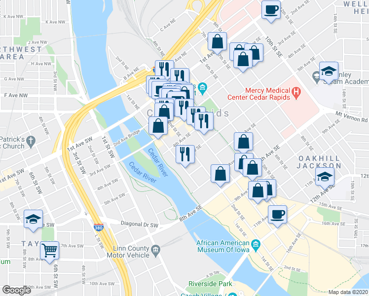 map of restaurants, bars, coffee shops, grocery stores, and more near in Cedar Rapids