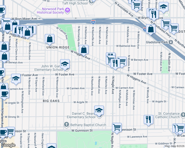 map of restaurants, bars, coffee shops, grocery stores, and more near North Nashville Avenue in Chicago