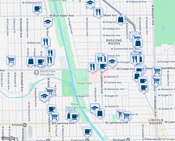 map of restaurants, bars, coffee shops, grocery stores, and more near 5194 North Francisco Avenue in Chicago