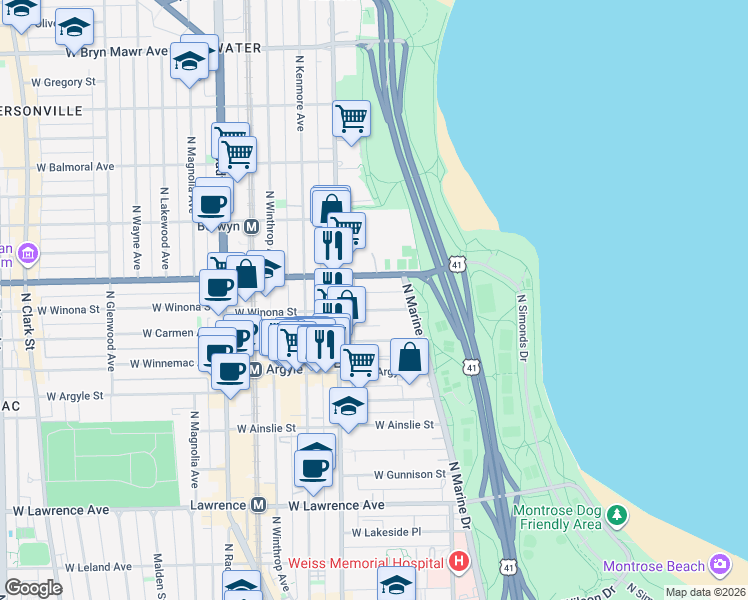 map of restaurants, bars, coffee shops, grocery stores, and more near 918 West Winona Street in Chicago
