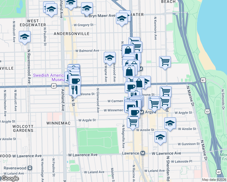 map of restaurants, bars, coffee shops, grocery stores, and more near 1302 West Winona Street in Chicago