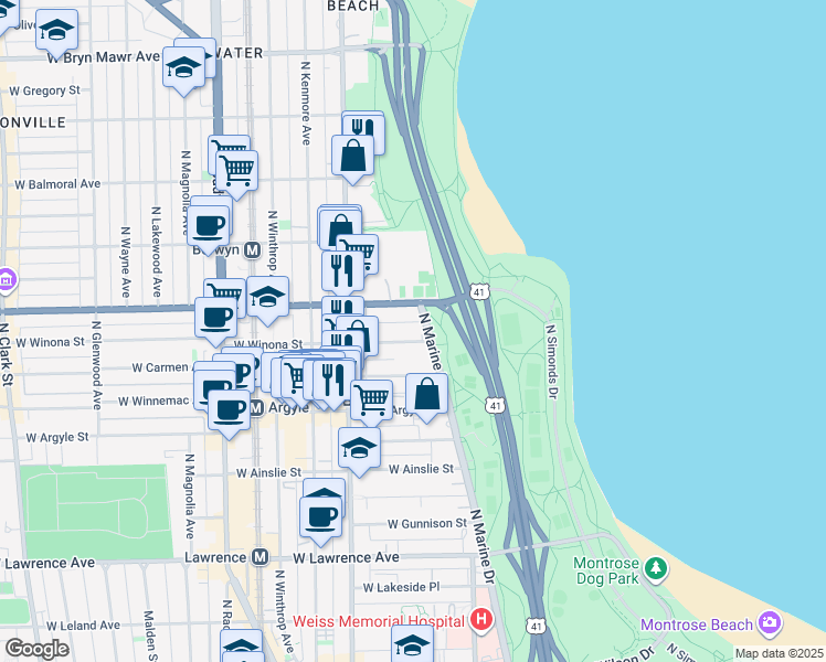 map of restaurants, bars, coffee shops, grocery stores, and more near in Chicago