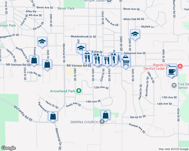 map of restaurants, bars, coffee shops, grocery stores, and more near 3001 Henderson Avenue Southeast in Cedar Rapids