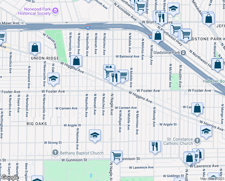 map of restaurants, bars, coffee shops, grocery stores, and more near West Foster Avenue & North Nagle Avenue in Chicago