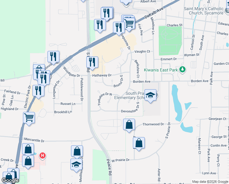 map of restaurants, bars, coffee shops, grocery stores, and more near 1206 Bristol Drive West in Sycamore