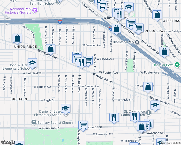 map of restaurants, bars, coffee shops, grocery stores, and more near W Foster Ave & W Higgins Ave in Chicago