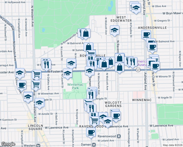 map of restaurants, bars, coffee shops, grocery stores, and more near in Chicago
