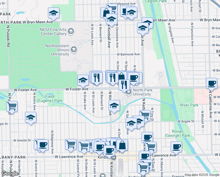 map of restaurants, bars, coffee shops, grocery stores, and more near W Foster Ave & N Kimball Ave in Chicago