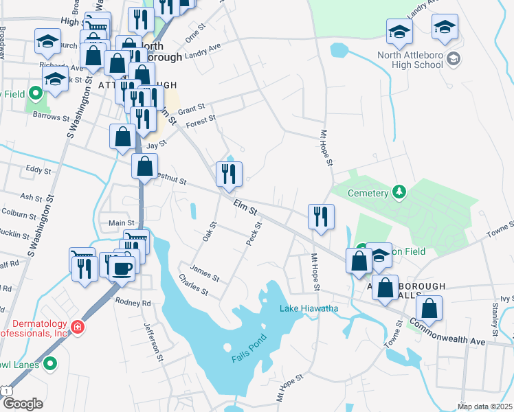map of restaurants, bars, coffee shops, grocery stores, and more near 262 Chestnut Street in North Attleborough
