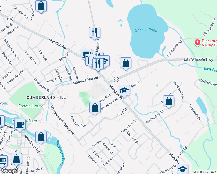 map of restaurants, bars, coffee shops, grocery stores, and more near 205 Manville Hill Road in Cumberland