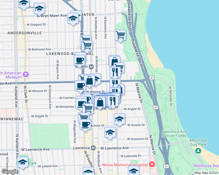 map of restaurants, bars, coffee shops, grocery stores, and more near 5120 North Sheridan Road in Chicago
