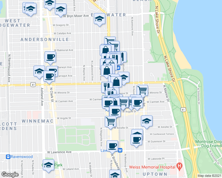 map of restaurants, bars, coffee shops, grocery stores, and more near in Chicago