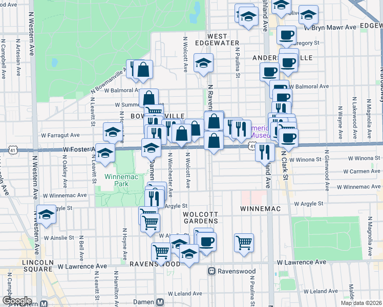 map of restaurants, bars, coffee shops, grocery stores, and more near in Chicago