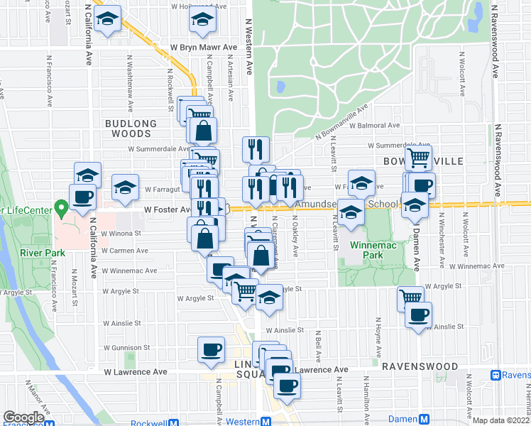 map of restaurants, bars, coffee shops, grocery stores, and more near in Chicago