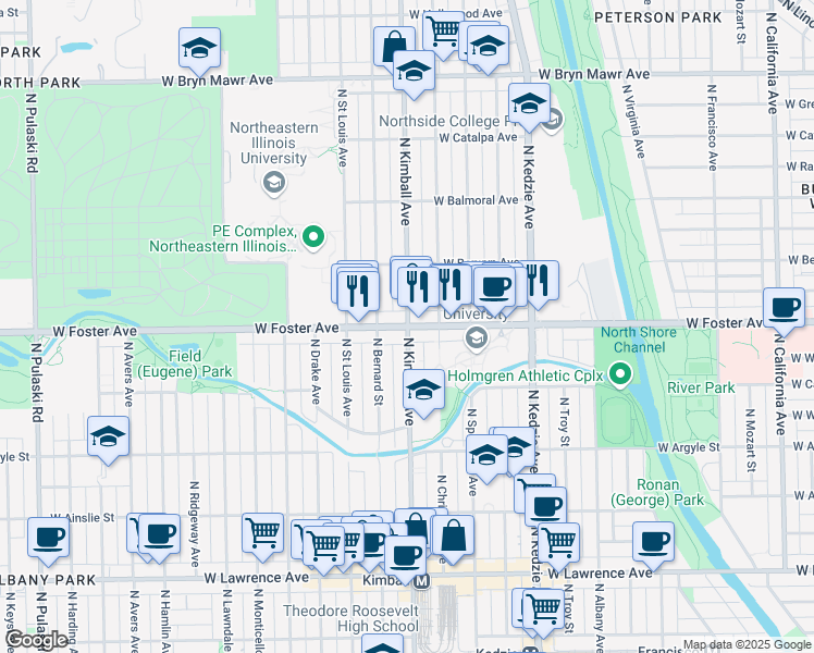 map of restaurants, bars, coffee shops, grocery stores, and more near 3412 West Foster Avenue in Chicago