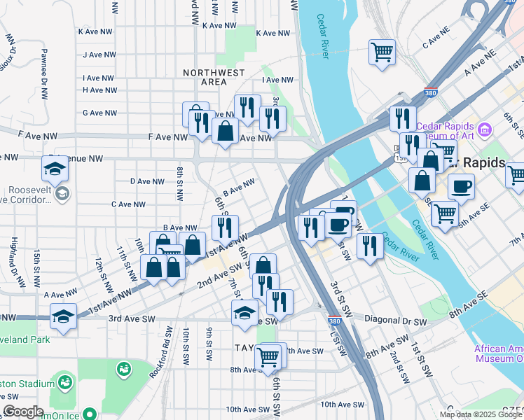 map of restaurants, bars, coffee shops, grocery stores, and more near 420 A Avenue Northwest in Cedar Rapids