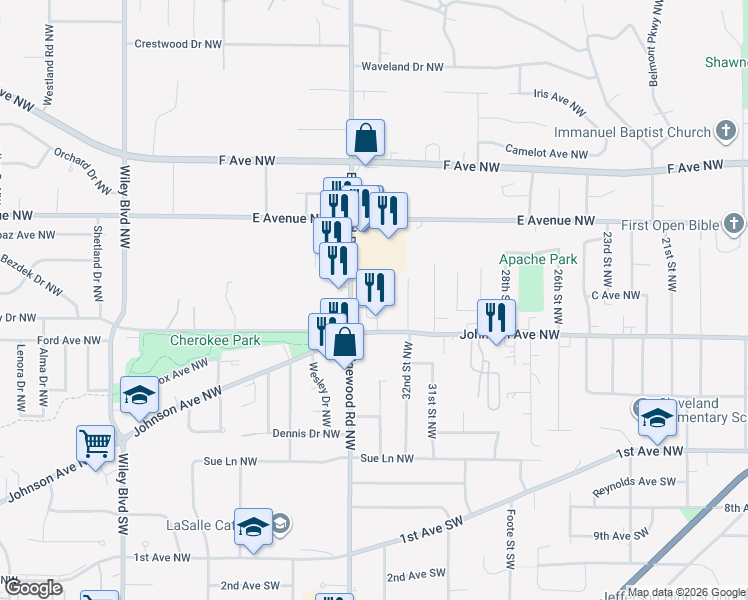 map of restaurants, bars, coffee shops, grocery stores, and more near 336 Chester Lane Northwest in Cedar Rapids