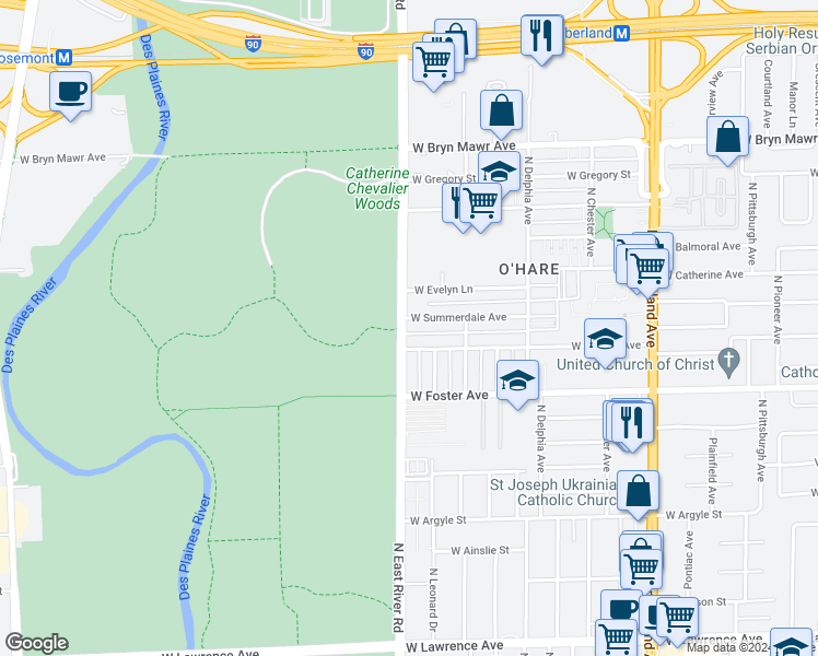 map of restaurants, bars, coffee shops, grocery stores, and more near 8759 West Summerdale Avenue in Chicago