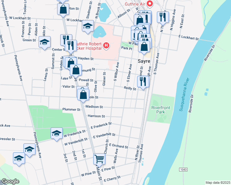 map of restaurants, bars, coffee shops, grocery stores, and more near 507 South Wilbur Avenue in Sayre
