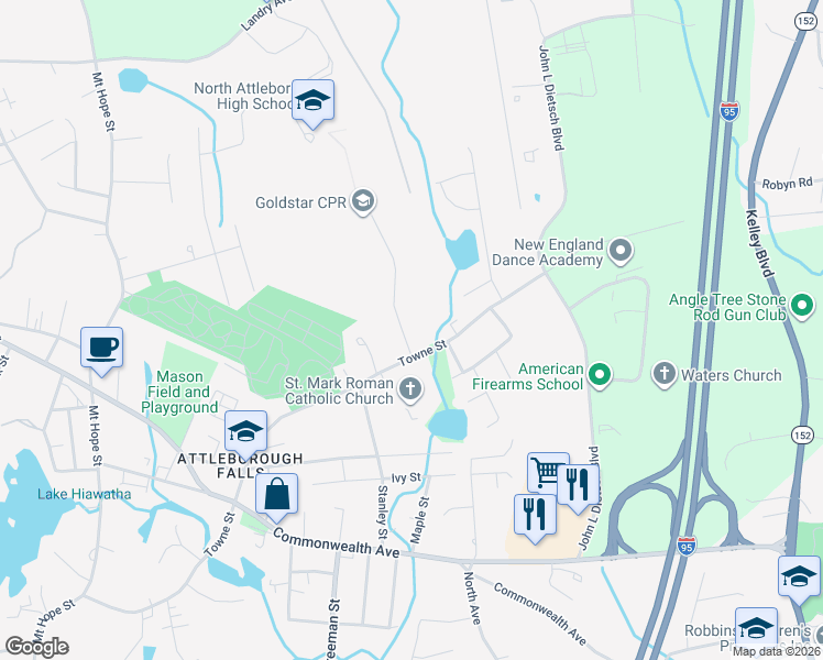 map of restaurants, bars, coffee shops, grocery stores, and more near 21 Stoddard Drive in North Attleborough