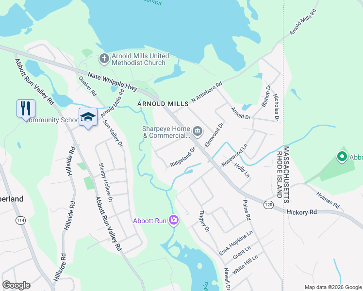 map of restaurants, bars, coffee shops, grocery stores, and more near 11 Wollen Drive in Cumberland