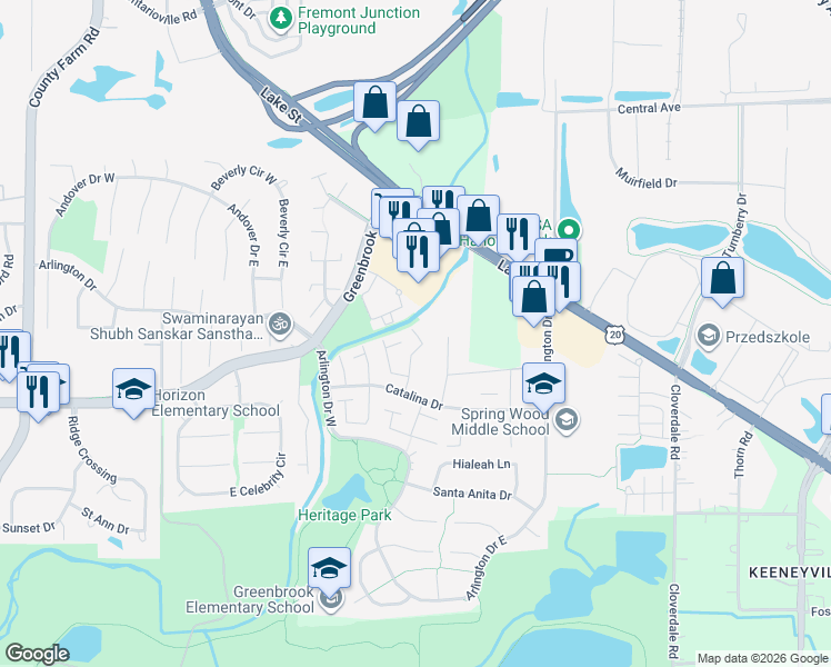 map of restaurants, bars, coffee shops, grocery stores, and more near 5660 Tiburon Court in Hanover Park