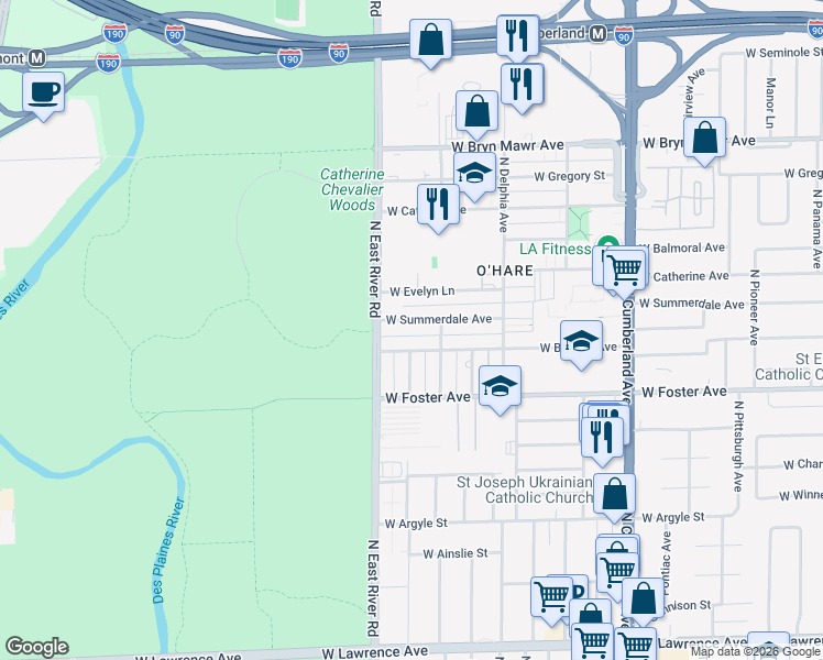 map of restaurants, bars, coffee shops, grocery stores, and more near 8715 West Summerdale Avenue in Chicago