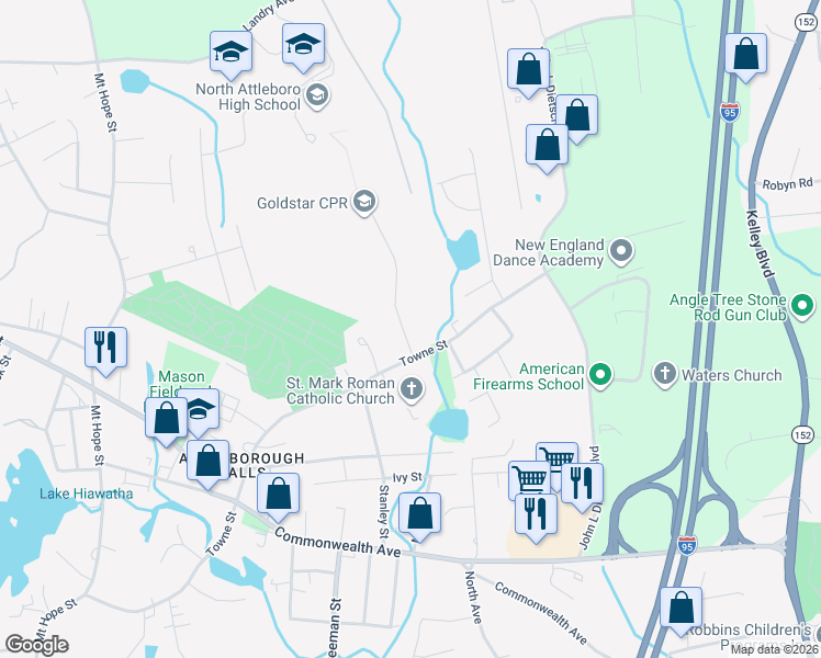map of restaurants, bars, coffee shops, grocery stores, and more near 21 Stoddard Drive in North Attleborough