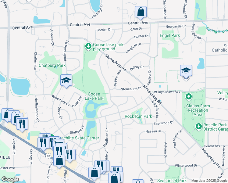 map of restaurants, bars, coffee shops, grocery stores, and more near 1000 West Pine Avenue in Roselle