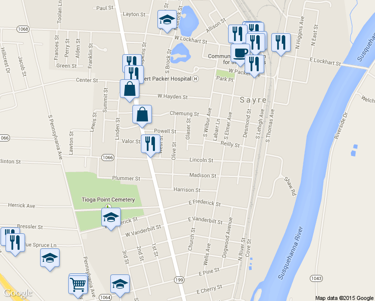 map of restaurants, bars, coffee shops, grocery stores, and more near 225 Glaser St in Sayre