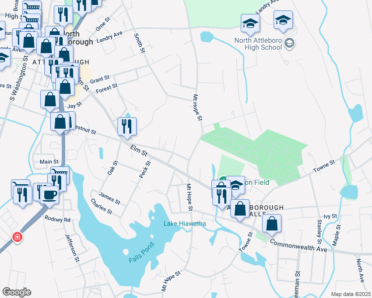 map of restaurants, bars, coffee shops, grocery stores, and more near 538 Mount Hope Street in North Attleborough