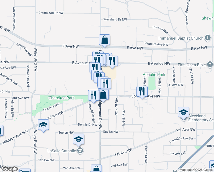 map of restaurants, bars, coffee shops, grocery stores, and more near 336 Chester Lane Northwest in Cedar Rapids