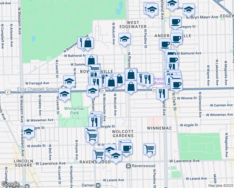 map of restaurants, bars, coffee shops, grocery stores, and more near in Chicago