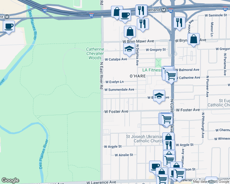 map of restaurants, bars, coffee shops, grocery stores, and more near 8715 West Summerdale Avenue in Chicago