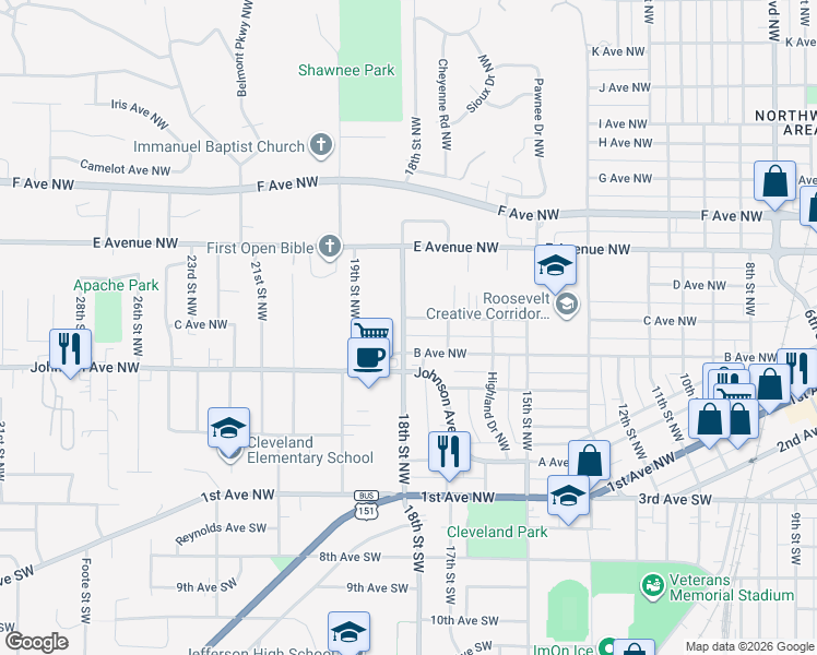 map of restaurants, bars, coffee shops, grocery stores, and more near 1739 C Ave NW in Cedar Rapids