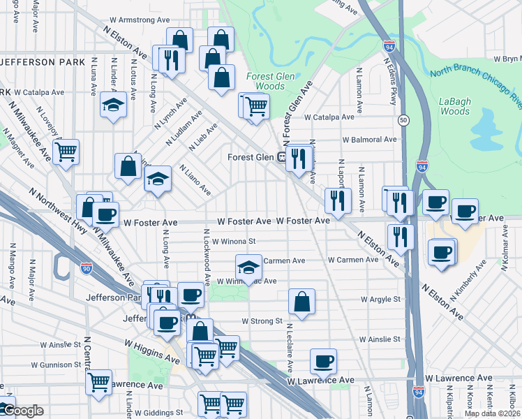 map of restaurants, bars, coffee shops, grocery stores, and more near 5225 North Laramie Avenue in Chicago