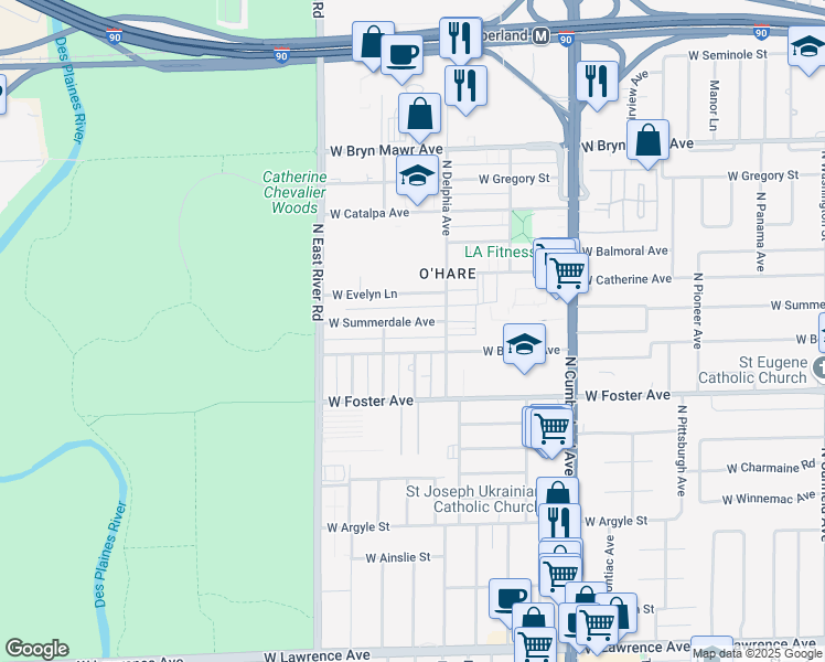 map of restaurants, bars, coffee shops, grocery stores, and more near 8631 West Summerdale Avenue in Chicago