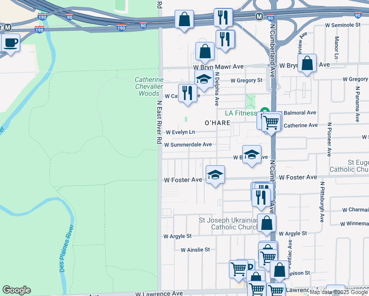 map of restaurants, bars, coffee shops, grocery stores, and more near 8707 West Summerdale Avenue in Chicago