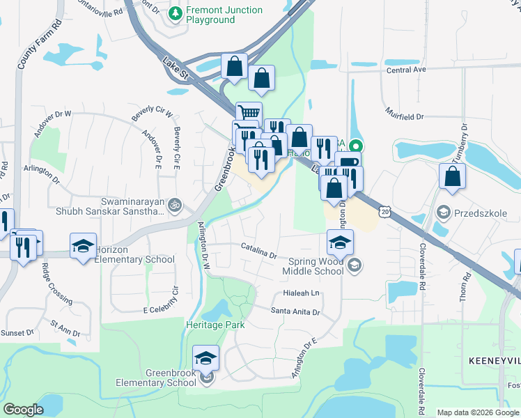 map of restaurants, bars, coffee shops, grocery stores, and more near 5660 Tiburon Court in Hanover Park