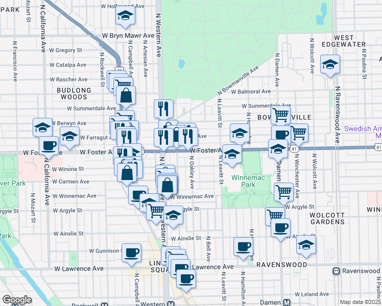 map of restaurants, bars, coffee shops, grocery stores, and more near 2300 West Foster Avenue in Chicago